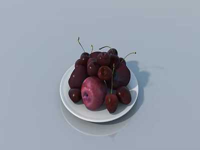 Fresh Ripe Cherries and Juicy Plum on White Ceramic Plate 3d model