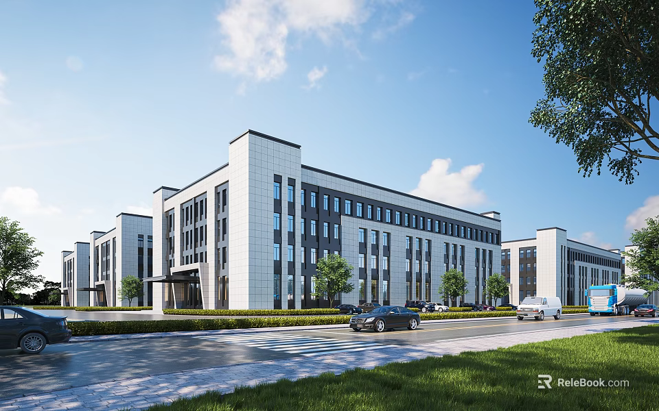 Industrial Factory Building Modern Multi Story Exterior Design With Road Vehicles Greenery And Blue Sky 3d model 