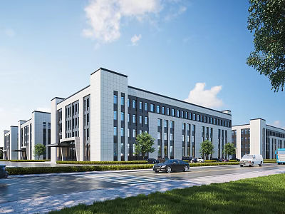 Industrial Factory Building Modern Multi Story Exterior Design With Road Vehicles Greenery And Blue Sky 3d model