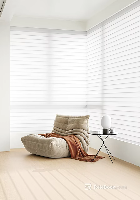 Beige Lazy Sofa With Orange Blanket Against White Blinds Black Side Table And White Lamp 3d model 