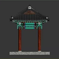 Traditional Architectural Structure with Tiled Roof Green Decorations and Red Pillars on Square Base