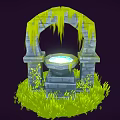 Cartoon Scene Of Moss Covered Stone Arch With Glowing Pool On Pedestal And Green Grass