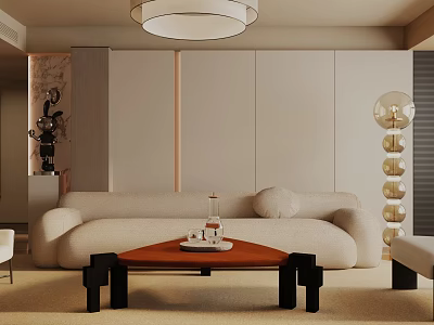 Modern Minimalist Living Room Interior With Beige Sofa Wooden Coffee Table Chandelier And Floor Lamp 3d model