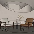 Casual Sofa Set with Beige Brown Armchairs Small Round Table Vase Twigs Circular Ceiling Light 3d model