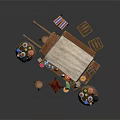 Mobile Street Cart with Wooden Barrels Small Tables and Various Goods Under Canvas Canopy