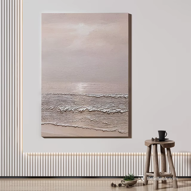Serene Beach Wall Art With Ocean Waves And Coffee Cup On Stool 3d model