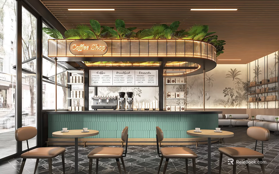 Modern Café Shop Interior Design With Wooden Counter Green Plants Coffee Menu And Tables Chairs 3d model 