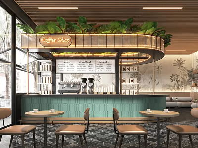 Modern Café Shop Interior Design With Wooden Counter Green Plants Coffee Menu And Tables Chairs 3d model