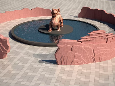 Red Rock Feature Wall With Round Water Pool And Dragon Statue On Gray Brick Pavement 3d model