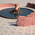 Red Rock Feature Wall With Round Water Pool And Dragon Statue On Gray Brick Pavement