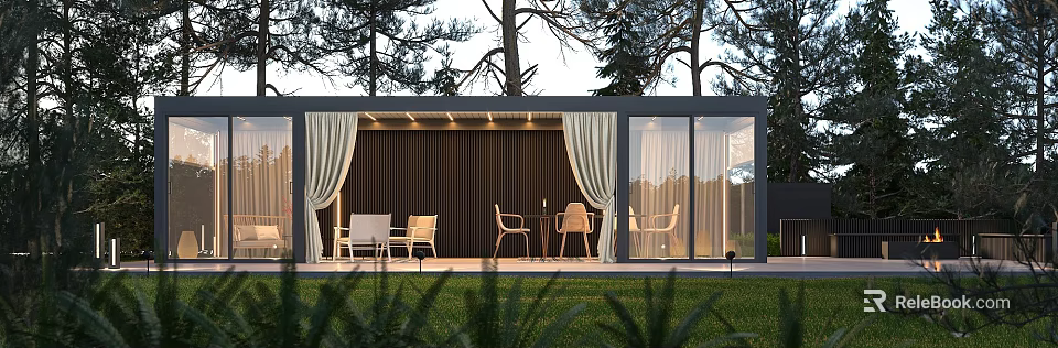 Modern Outdoor Garden Room With Wooden Wall White Curtains And Chairs Table In Greenery 3d model 