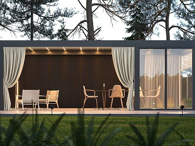 Modern Outdoor Garden Room With Wooden Wall White Curtains And Chairs Table In Greenery 3d model