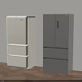 Two Modern White And Gray Refrigerators Placed Against The Wall On Wooden Floor