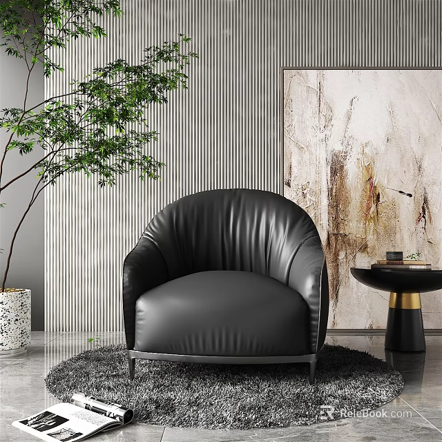 Modern Black Leather Single Sofa In Living Room With Green Plant And Abstract Painting 3d model 