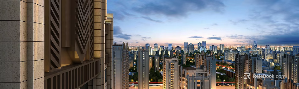 Urban Night View Landscape with Tall Skyscrapers Illuminated Lights and Cloudy Sky 3d model 