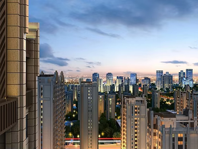 Urban Night View Landscape with Tall Skyscrapers Illuminated Lights and Cloudy Sky 3d model