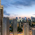 Urban Night View Landscape with Tall Skyscrapers Illuminated Lights and Cloudy Sky