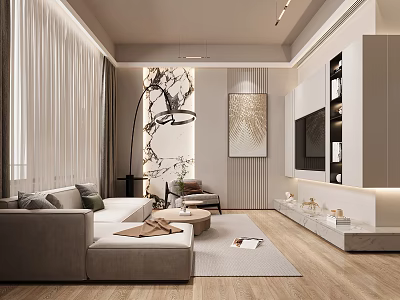 Modern Living Room Interior With Sofa TV Wall Art Rug And Curtains 3d model