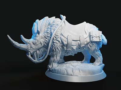 Detailed White Mammoth Sculpture With Saddle Base And Blue Lighting Effects 3d model