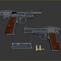 Vintage Metal Pistols With Wooden Grips Magazine And Bullets On Reflective Display Surface