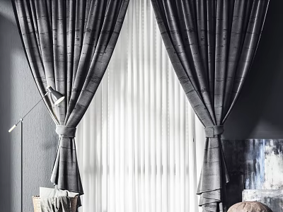 Gray Textured Curtains With Tiebacks For Modern Living Room Window Design 3d model