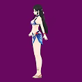 A Woman Wearing Bikini Top And Blue White Patterned Skirt Against Purple Background