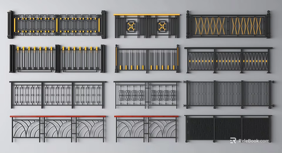 Different Decorative Metal Railings Featuring Black Yellow Accents And Various Styles 3d model 