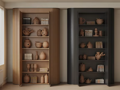 Two Stylish Decorative Cabinets Wooden And Black Displaying Pottery Figurines And Books 3d model