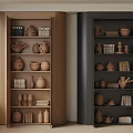 Two Stylish Decorative Cabinets Wooden And Black Displaying Pottery Figurines And Books
