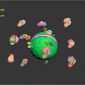 Scenic Landscape View Of Green Sphere With Pink Clouds And Yellow Accent On Gray Background