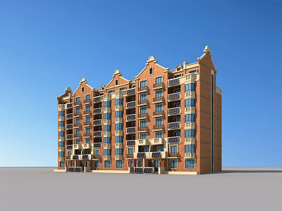 Brick Red Multi Storey Residential Building With Balconies Windows And Decorative Top Under Blue Sky 3d model