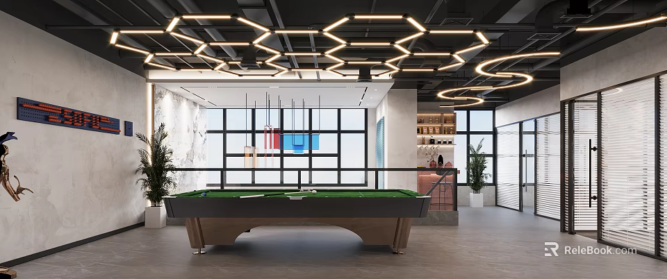 Modern Billiard Room With Stylish Lighting And Large Windows 3d model