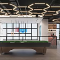Modern Billiard Room With Stylish Lighting And Large Windows 3d model