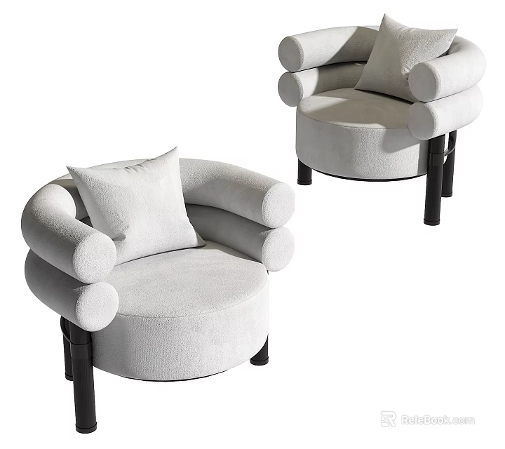 Modern Light Gray Upholstered Single Sofa With Round Armrests Black Legs And Cushion 3d model