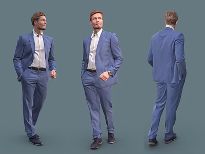 Man In Blue Suit With White Shirt Three Quarter Front Back Views 3d model