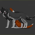 Three Low Poly Dog Characters With Red Black And Gray Coats Standing Together