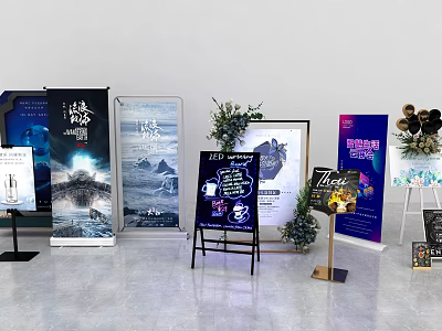 Multiple Creative Billboards Display With Various Designs And Decorative Plants In Indoor Area 3d model