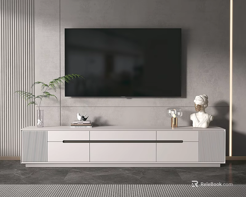 Modern White TV Stand With Flat Screen TV Green Plant And Decorative Items 3d model 