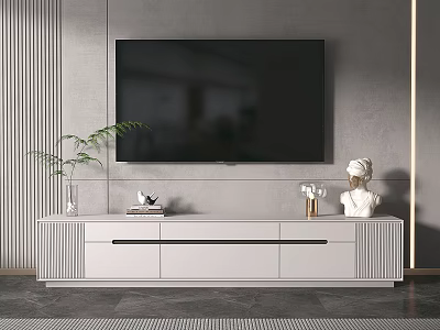 Modern White TV Stand With Flat Screen TV Green Plant And Decorative Items 3d model