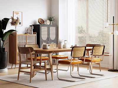 Modern Wooden Dining Table Set With Rattan Back Chairs Yellow Cushions And Potted Plant 3d model