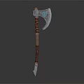 Silver Axe With Blue Decorative Pattern Wooden Handle Red Straps And Metal Tip 3d model