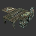 Rustic Interior Wooden Table With Food Trays Clay Jar And Chest Drawers