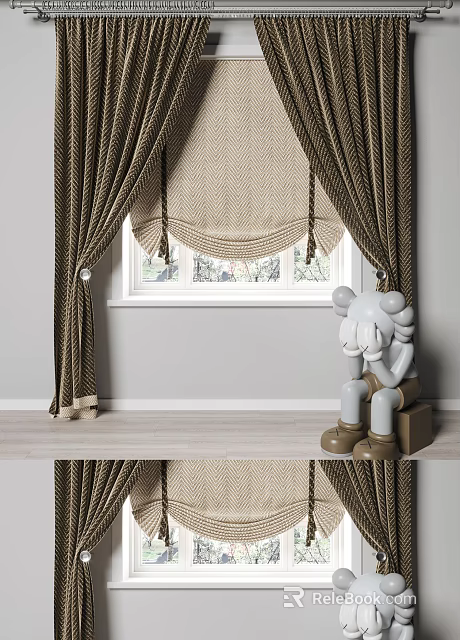 Brown Textured Hanging Curtains with Valance for Window in Modern Interior Room 3d model 