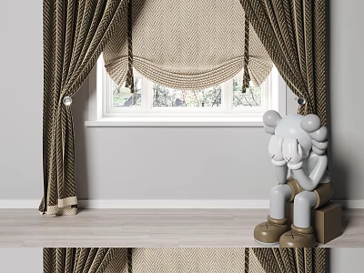 Brown Textured Hanging Curtains with Valance for Window in Modern Interior Room 3d model