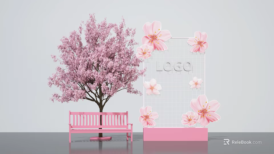 Cherry Blossom Tree Photo Spot With Pink Bench And Decorative Panel Flowers 3d model 