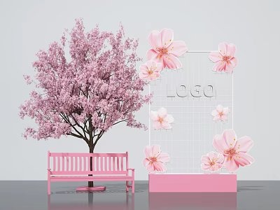 Cherry Blossom Tree Photo Spot With Pink Bench And Decorative Panel Flowers 3d model