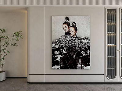 Traditional Costume Portrait Painting With Two Women In Hair Buns And Modern Interior 3d model