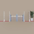Public Facility Access Control Turnstiles With Red Carpet And Potted Plant