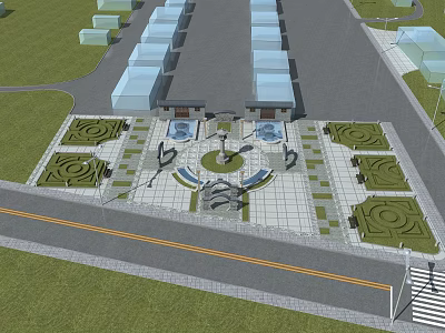 Public Plaza Design with Central Circular Fountain Sculpture Green Landscaped Areas and Paved Ground 3d model