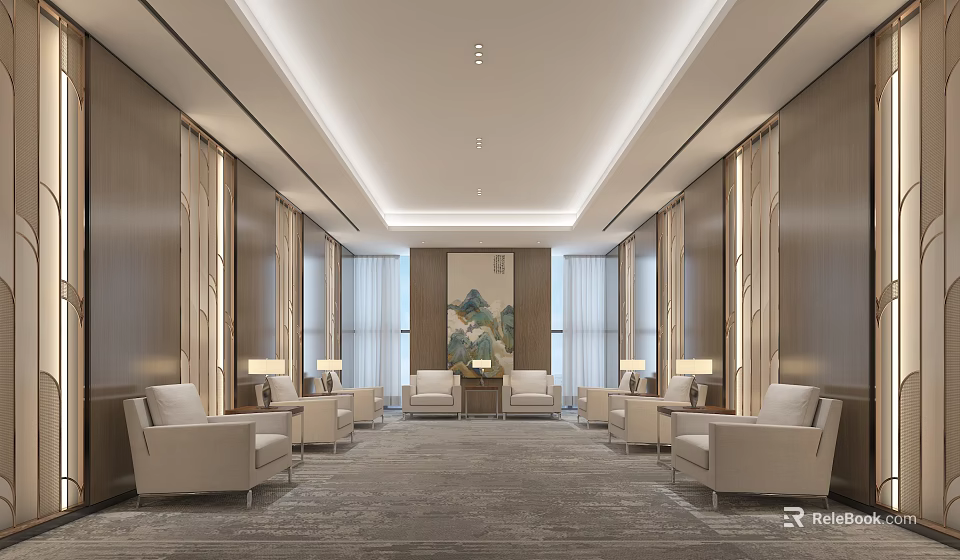 Elegant Modern Reception Area With Comfortable Sofas Chandeliers Decorative Artwork And Floor to Ceiling Windows 3d model